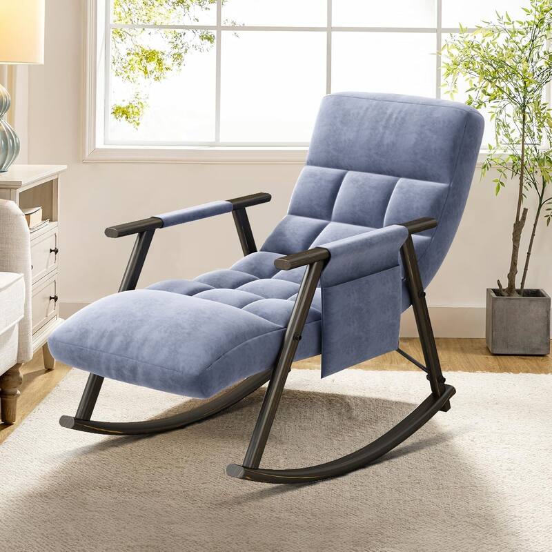 Modern Classic Fabric Upholstered Rocking Chair with Storage Pocket - Blue Velvet