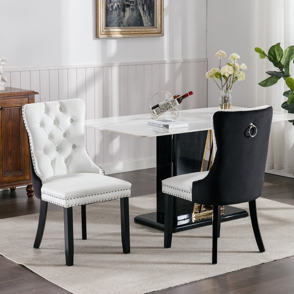 Faux Leather Upholstered Tufted Dining Chairs Set of 2, High Wingback Kitchen Chairs with Wood Legs and Nailhead Trim