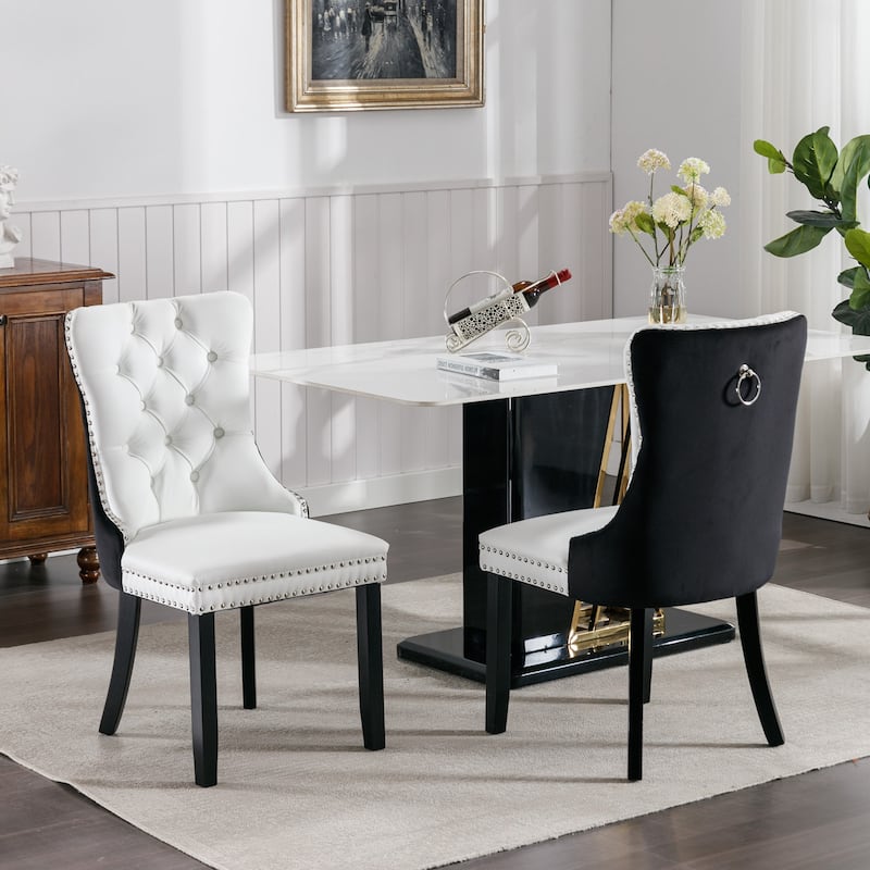 High-end Tufted Solid Wood PU and Velvet Upholstered Dining Chair with Wood Legs Nailhead Trim 2-Pcs Set - White+Black