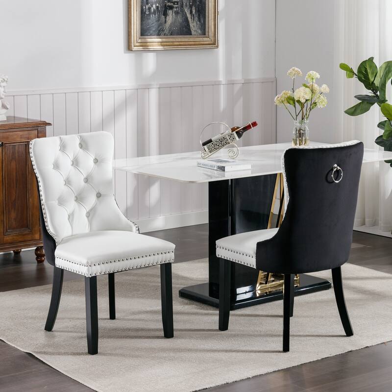 Modern, High-end Tufted Solid Wood PU and Velvet Upholstered Dining Chair with Wood Legs Nailhead Trim 2-Pcs Set - White+Black