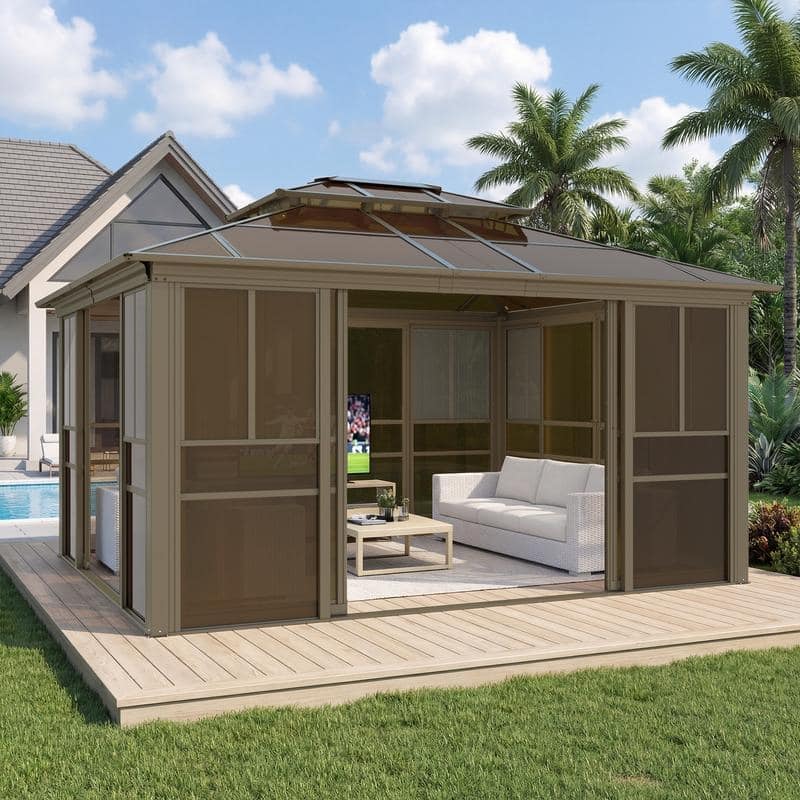 EROMMY Sunroom Gazebo with Double Roof, Adjustable Windows & Lockable Sliding Doors for Patio, Garden, and Backyard - 12' x 14'