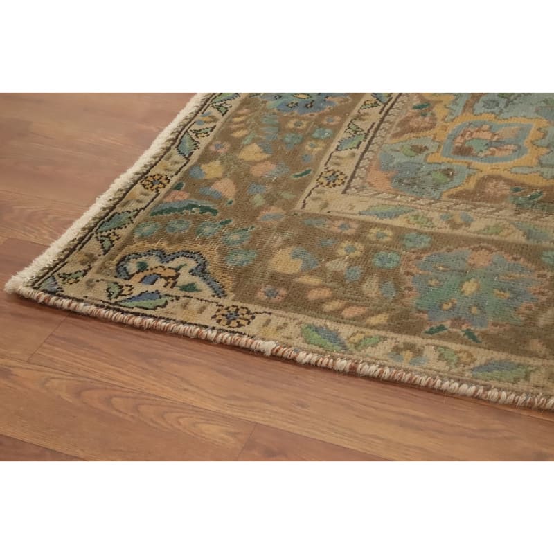 Hand Knotted Oriental 100% Wool Carpet Traditional Floral Green Tabriz Area Rug - 9' 5'' X 6' 4''