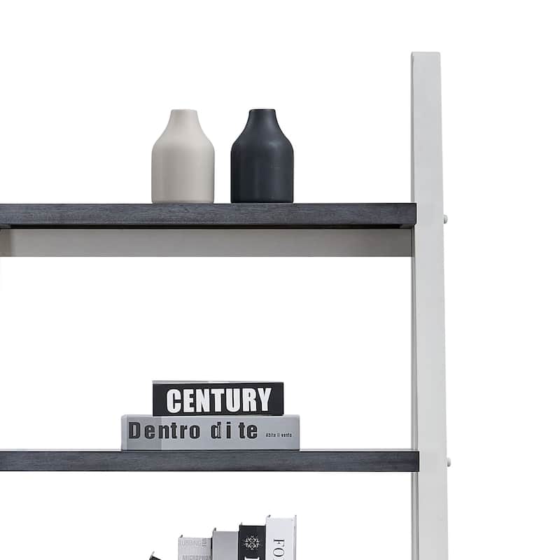 GDF Studio - Modern 5-Tier Ladder Bookshelf with Solid Rubber Wood Frame and MDF Shelves