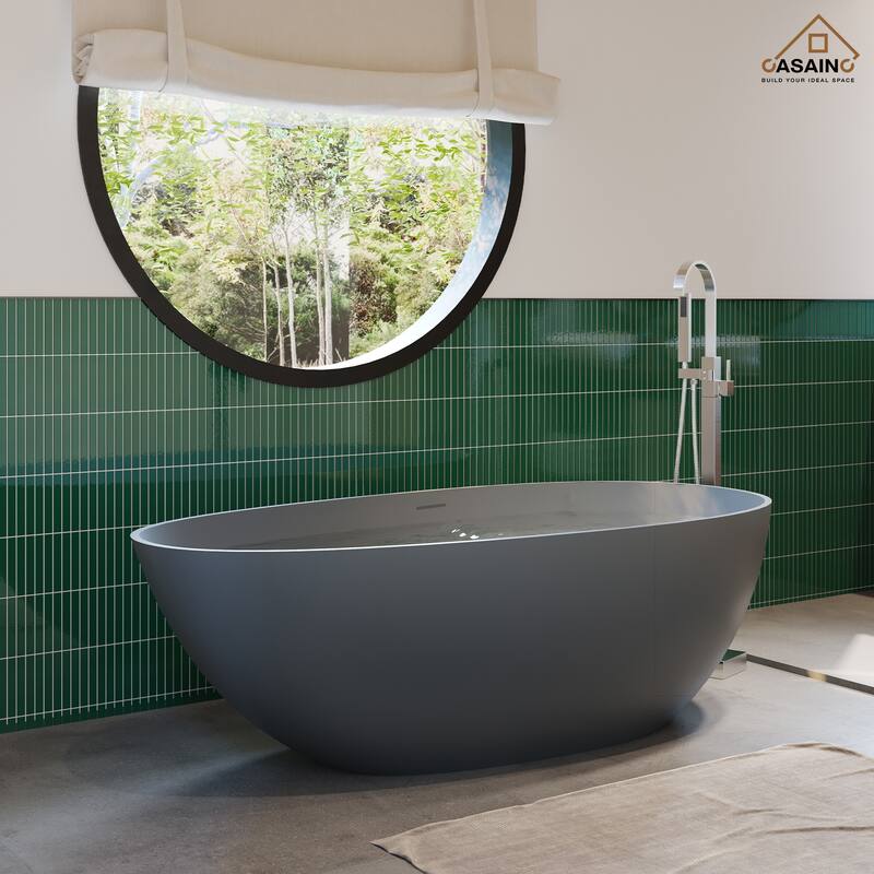 59" Solid Surface Freestanding Bathtub in Matte Black/Grey