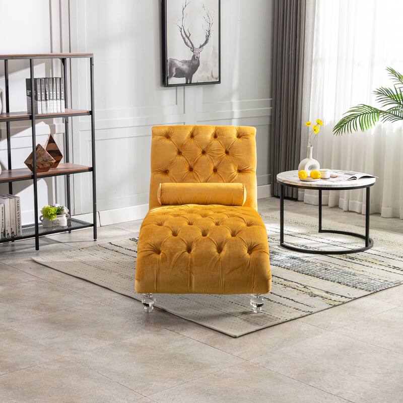 Mustard Modern 63.98" Upholstered Buttons Tufted Chaise Lounge Chair with Pillow and Acrylic Legs