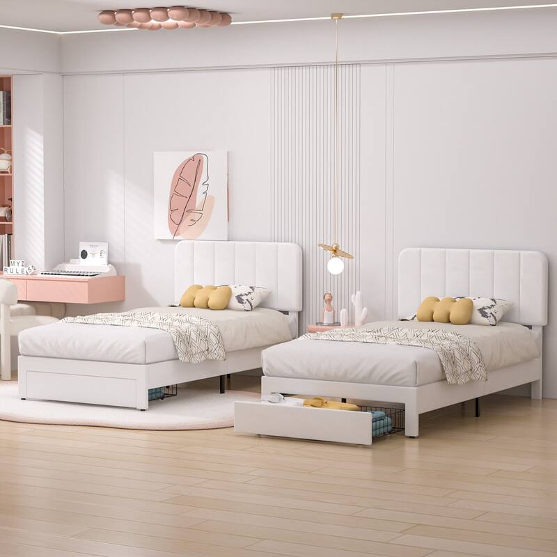 VECELO 2-Pack Kid Bed Frame Set Twin Size Platform Bed with Adjustable Upholstered Headboard Storage Drawer No Box Spring Needed - White