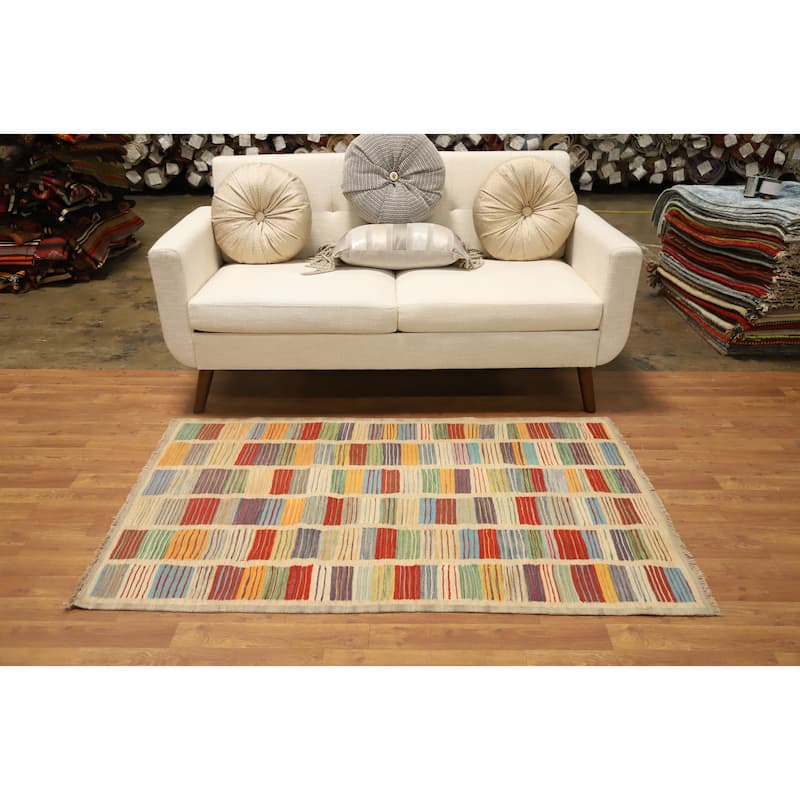 Hand Woven Oriental 100% Wool Carpet Southwestern Modern Multi-Colored Kilim Area Rug - 5' 1'' X 3' 3''