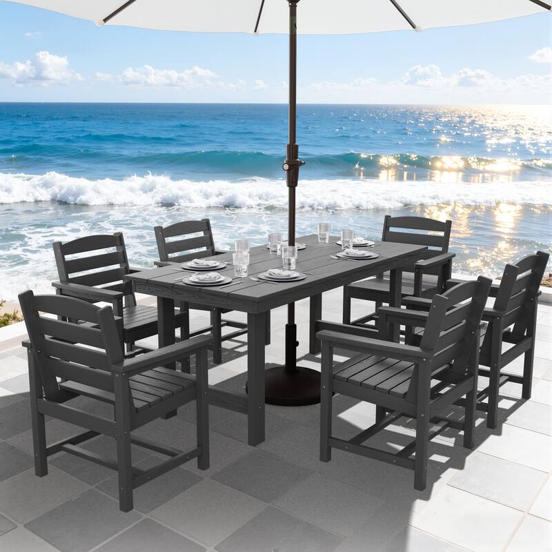 7-Piece HDPE Outdoor Dining Table Sets with Umbrella Hole - 1-Table 6-Chairs