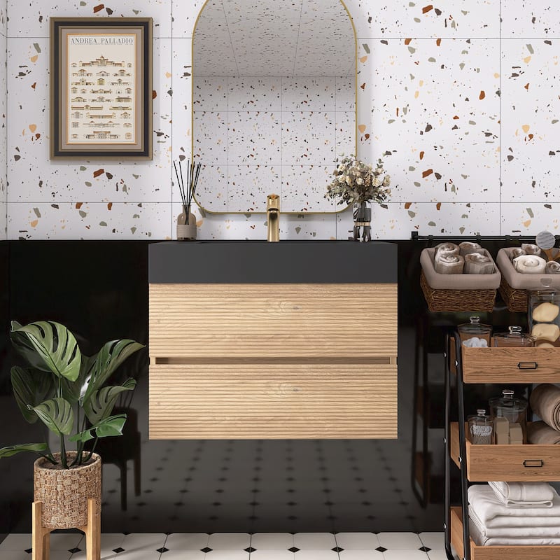 Wall Mounted Bathroom Vanity with Solid Surface Sink and Soft Drawers - 29.94'' x 18.12'' x 25.29'' - Oak and Black