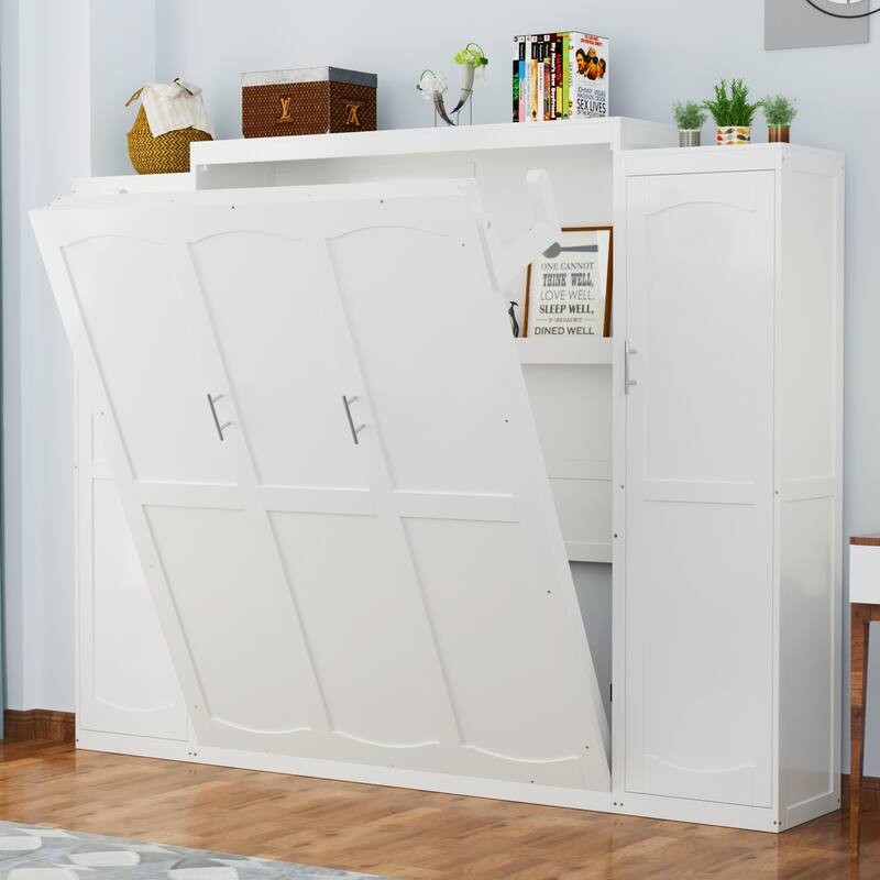 Murphy Bed with Two Wardrobes and Storage Shelf by Harper&Bright Designs - Full - White
