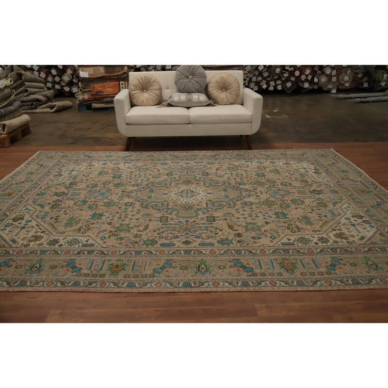 Hand Knotted Oriental 100% Wool Carpet Traditional Floral Beige & Ivories Tabriz Area Rug - 11' 2'' X 8' 0''