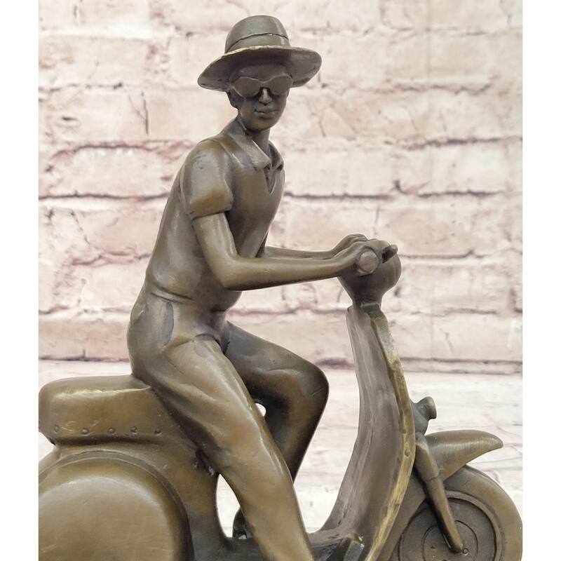 Man Riding Moped Bike Solid Bronze Sculpture Memorabilia Collectible Artwork