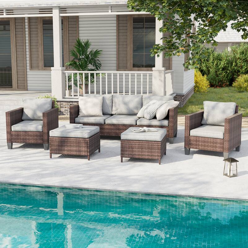 BONOSUKI 5-Piece Patio Sofa Sets Brown Rattan Outdoor Furniture Set - Linen Grey