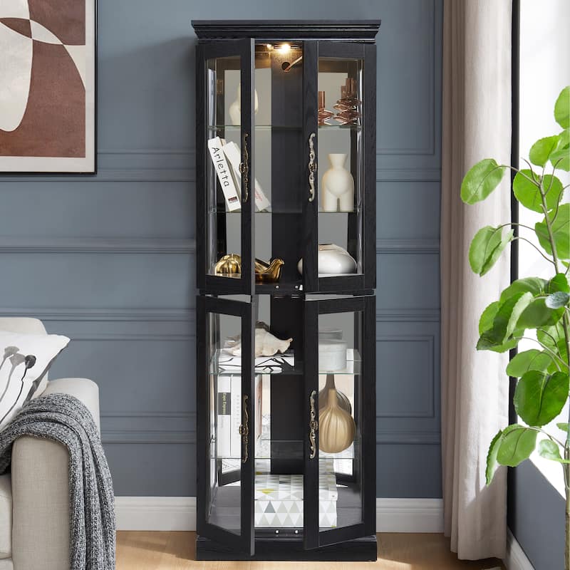 Elegant Lighted Glass Curio Display Cabinet Wooden Frame Storage Includes Light Bulb Ideal for Wine, Toys & Collectibles