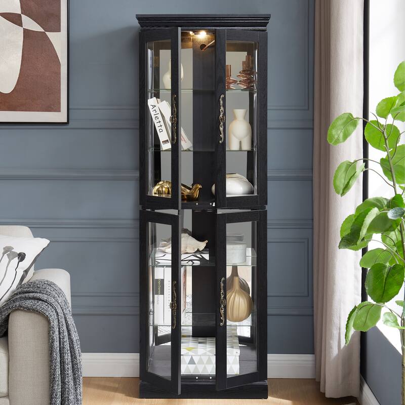 Lighted Glass Curio Display Cabinet with Wood Frame - Elegant Glass Storage for Wine, Toys & Collectibles