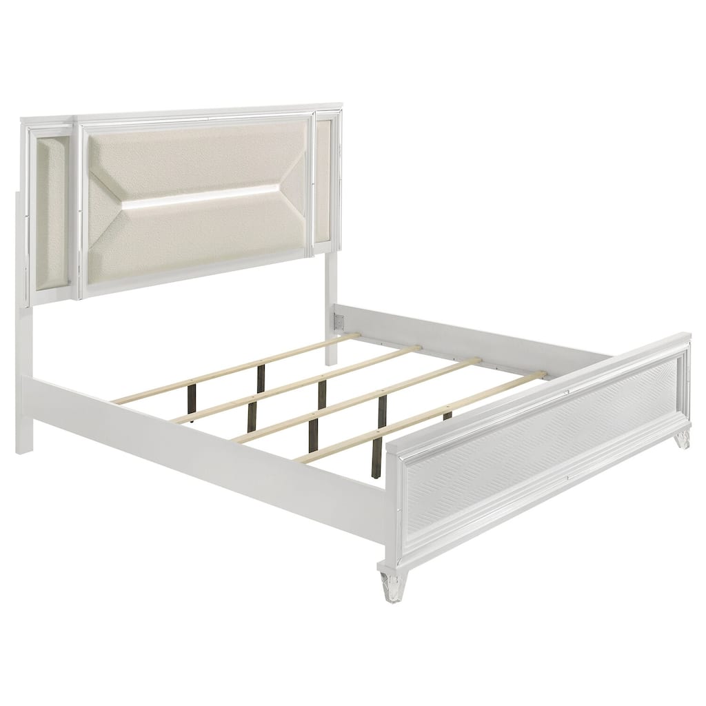 64-Inch Eastern King Panel Bed with LED Headboard, White, Herringbone Embossed Design with Mirror