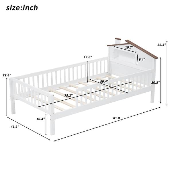 dimension image slide 0 of 2, Twin Wood Platform Kids Bed with House-Shaped Headboard, LED Light & Built-in Storage, Finish with Safety Guardrails, Natural