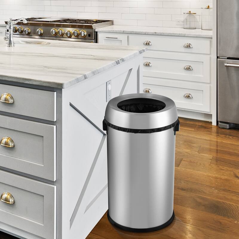 65L/17 Gallon Open Top Trash Can Brushed Stainless Steel For Outdoor Kitchen Waste Bins Home House Family