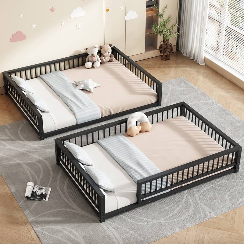 Roomfitters Twin/Full XL over Queen Floor Bunk Bed Frame with Ladder and Safety Guardrails Easy Assembly, Black