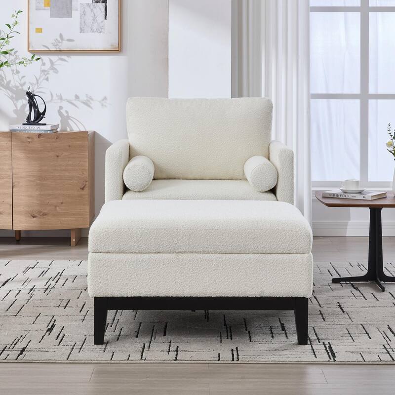 Boucle Armchair with Storage Ottoman - 300lb Capacity, Farmhouse Style