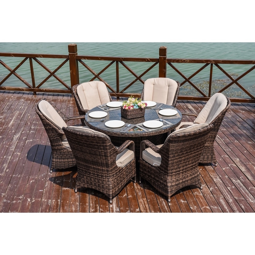 Moda 7-Piece Patio Wicker Round Dining Table Set with Cushions