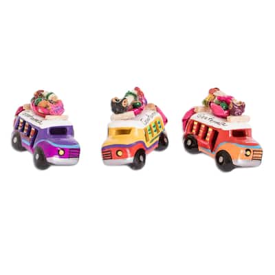 Novica Handmade Multicolor Old Time Buses Ceramic Magnets (Set Of 3)