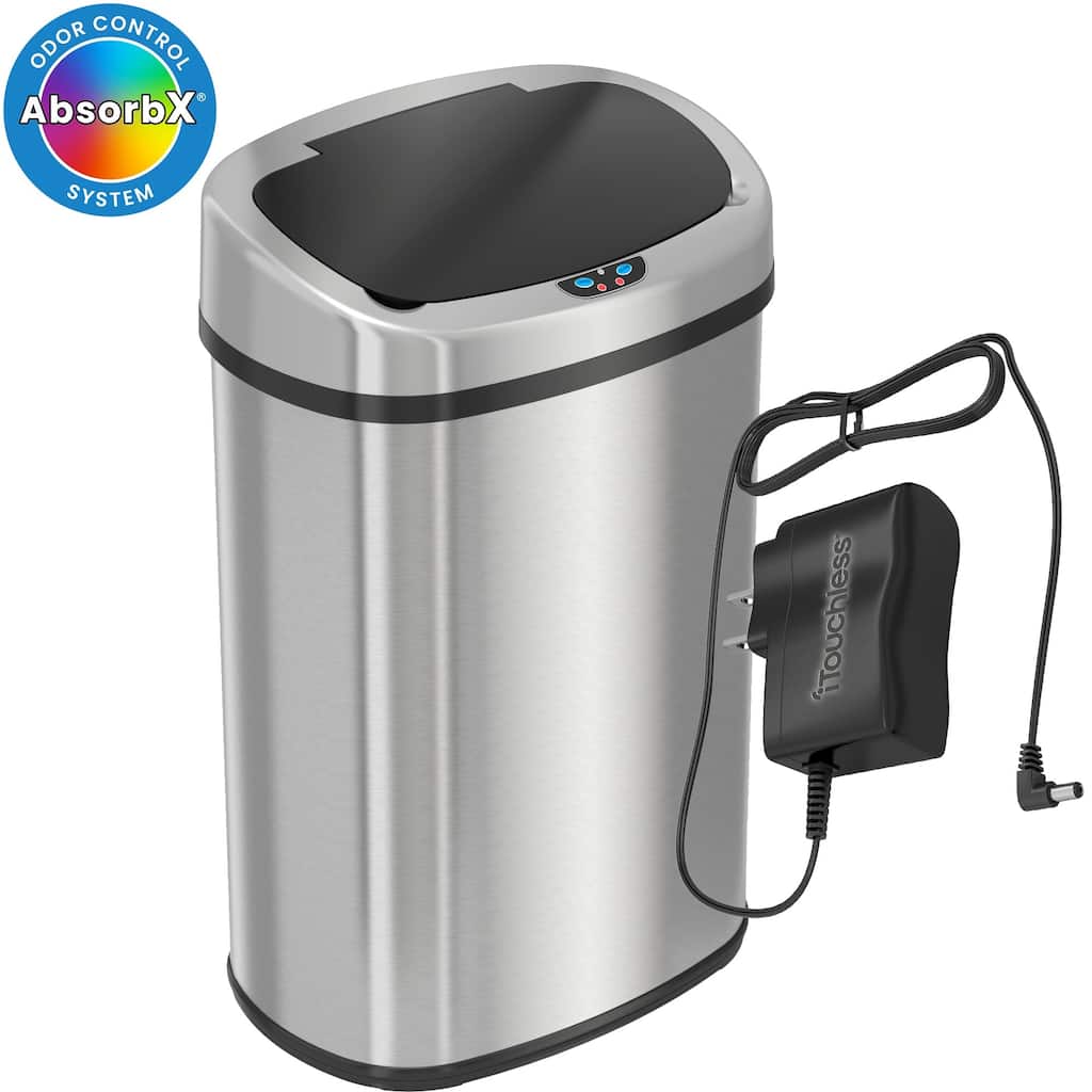 iTouchless 13 Gallon / 49 Liter Stainless Steel Oval Sensor Kitchen Trash Can with Odor Filter and AC Adapter