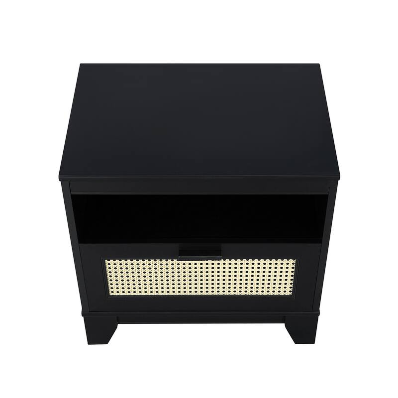 Modern Nightstand with Cane Door and Single Drawer Solid Wood Legs