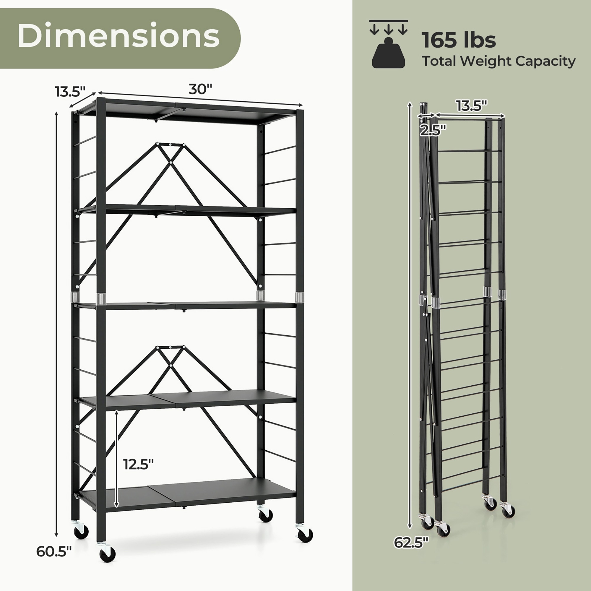 Gymax 5-Tier Foldable Storage Shelf w/ Wheels Adjustable Shelves