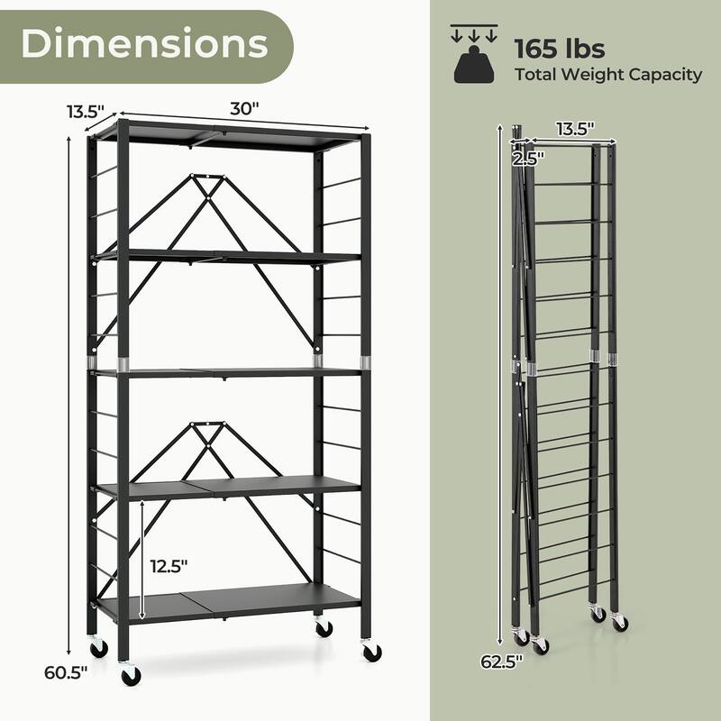 Gymax 5-Tier Foldable Storage Shelf w/ Wheels Adjustable Shelves Metal