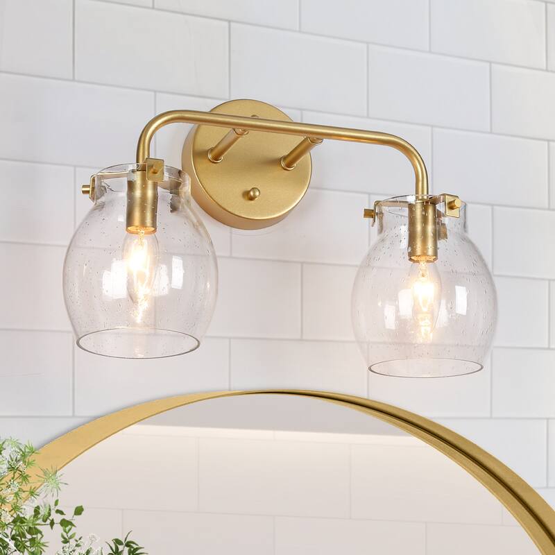 Modern 2-Light Gold Bathroom Vanity Lights Globe Wall Lighting with Seeded Glass - 14" L x 7" W x 10" H