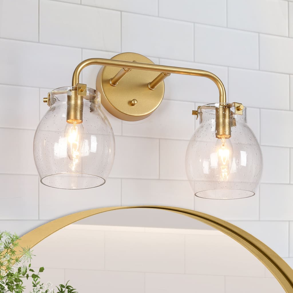 Modern 2-Light Gold Bathroom Vanity Lights Globe Wall Lighting with Seeded Glass - 14" L x 7" W x 10" H