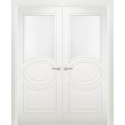 Solid French Double Doors Opaque Glass / Mela 7012 Matte White / Wood Solid Panel Frame / Closet Bedroom Modern Doors