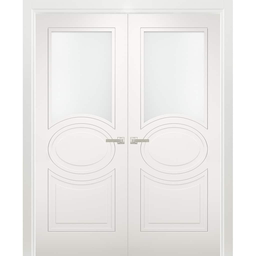 Solid French Double Doors Opaque Glass / Mela 7012 Matte White / Wood Solid Panel Frame / Closet Bedroom Modern Doors