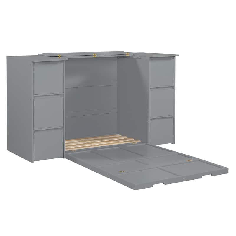 Modern Style Murphy Bed with Drawers, Cabinets and USB Ports for Bedroom