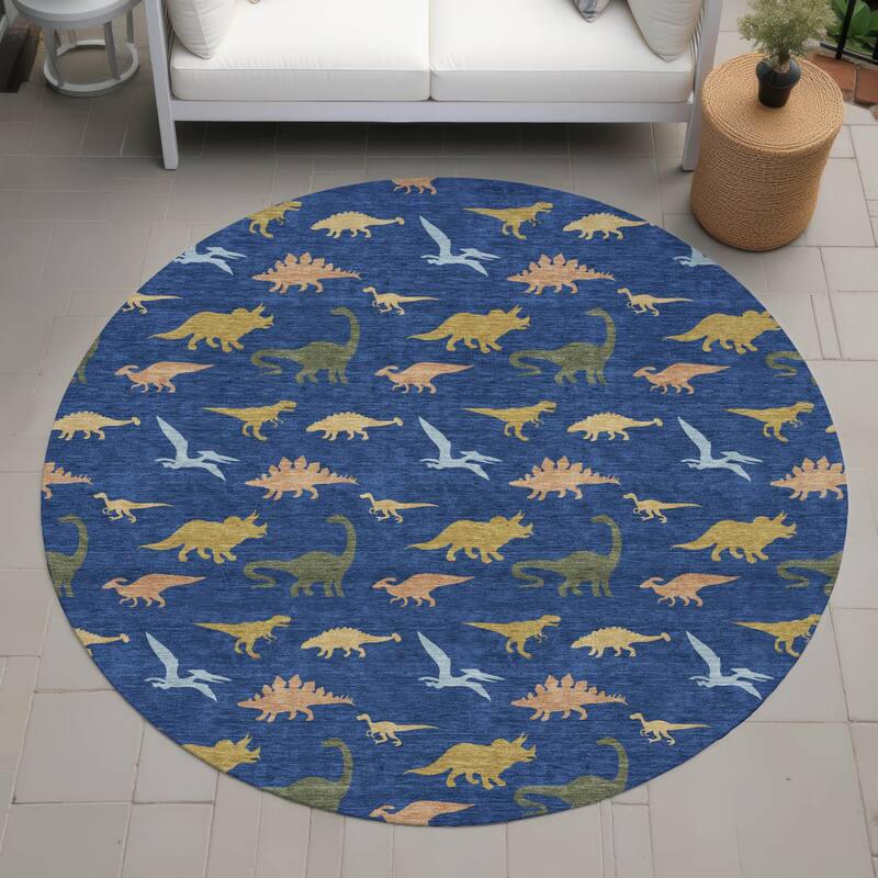 Machine Washable Indoor/ Outdoor Modern Dinosaur Chantille Rug - Navy - 8' x 8'