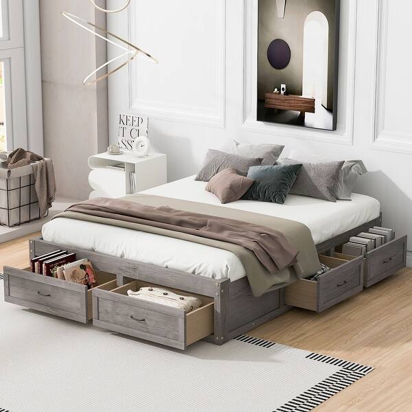slide 2 of 25, Queen Size Without Headboard Platform Bed with 6 Storage Drawers Antique Gray
