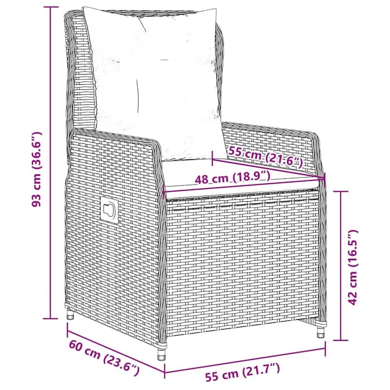 vidaXL Garden Dining Set Grey PE Rattan One Size Adjustable Armrests - 63" x 31.5" x 29.1"/ 6