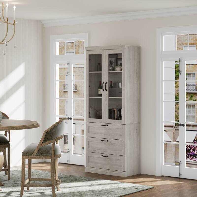 Bookcase Cabinet with Glass Doors and Drawers Multi-Purpose Storage Display Hutch for Living Room or Dining Room