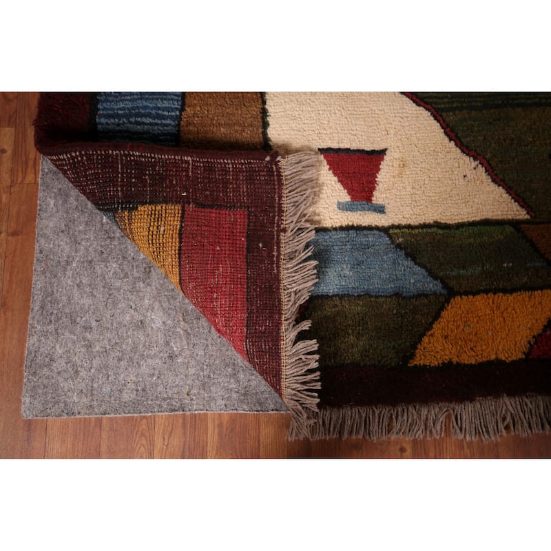 Green Geometric Gabbeh Persian Area Rug Hand-Knotted Wool Carpet - 6'5"x 10'2"