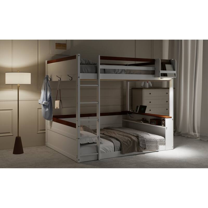 Queen Size Pinewood Bunk Bed with Built-in Shelves, Storage Box, LED Lights and USB Charging Station