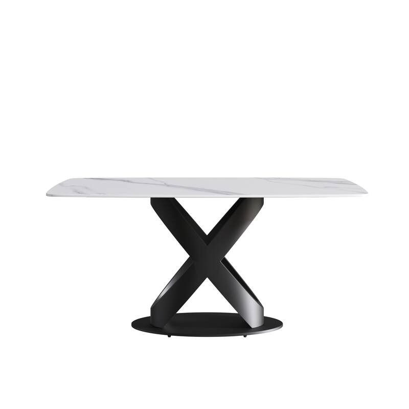 63" Rectangular Sintered Stone Dining Table for 4-6,Solid Black Carbon Steel Base