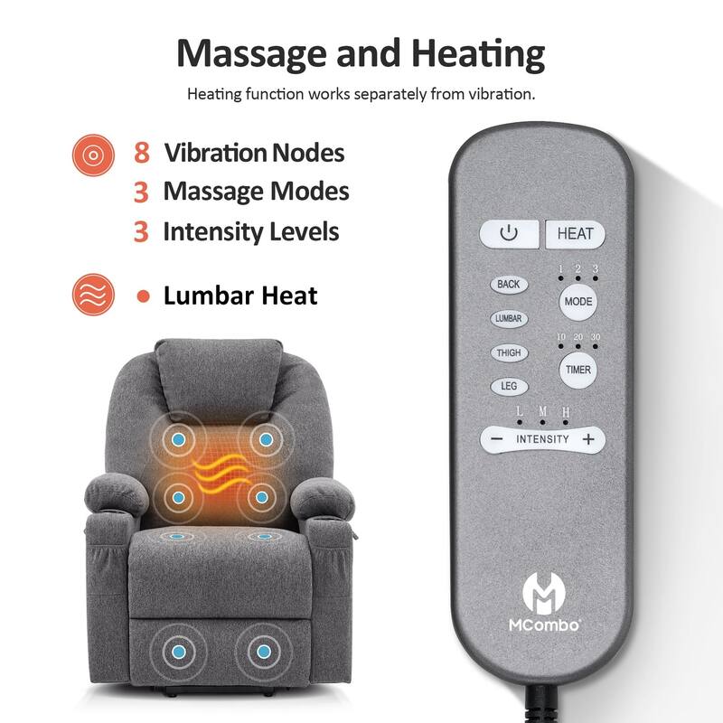 MCombo Small Power Lift Recliner Chair Sofa with Massage and Heat, 3 Positions and USB Ports Extended Footrest, Fabric 7141