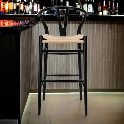 HomeRoots 30" Natural And Black Solid Wood Low Back Counter Height Bar Chair