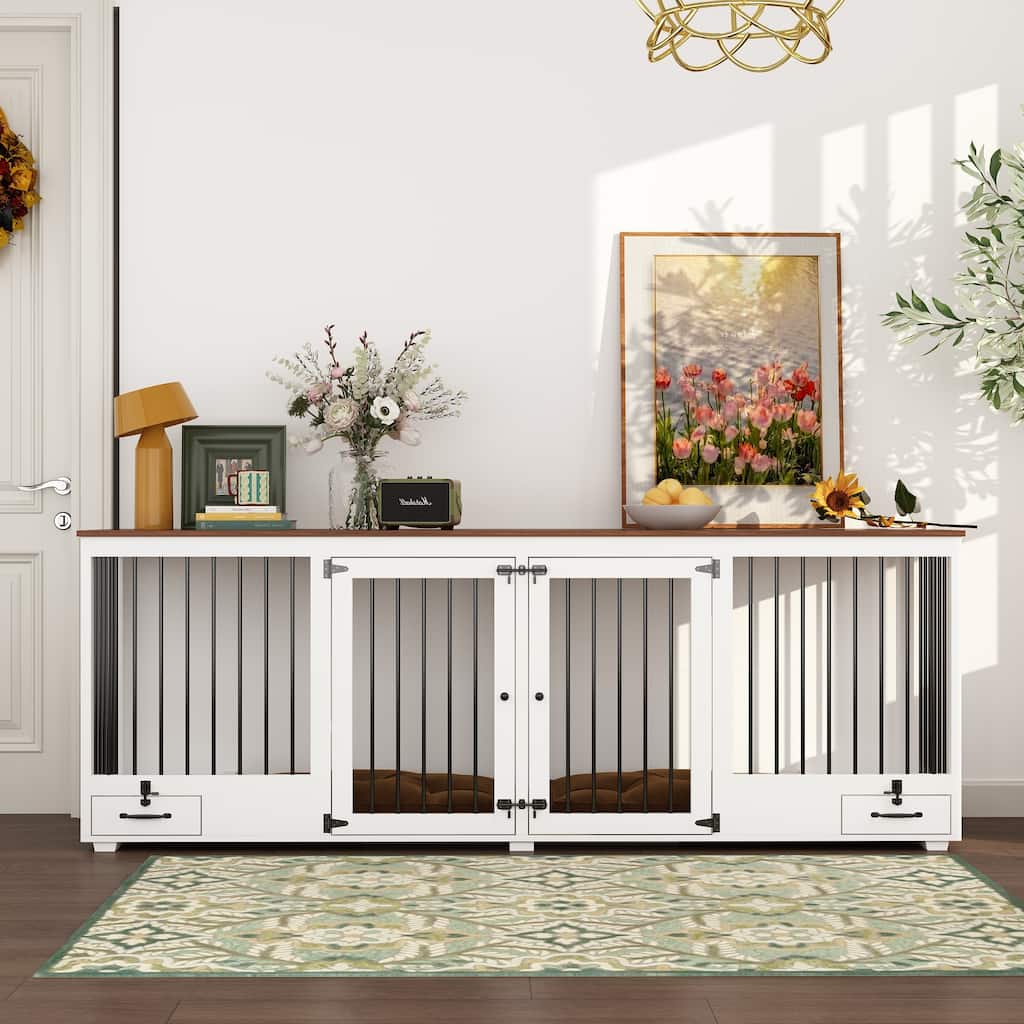 Wooden Dog Crate Furniture for 2 Large Dogs Indoor Pet Crate with Feeding Drawers Top Storage