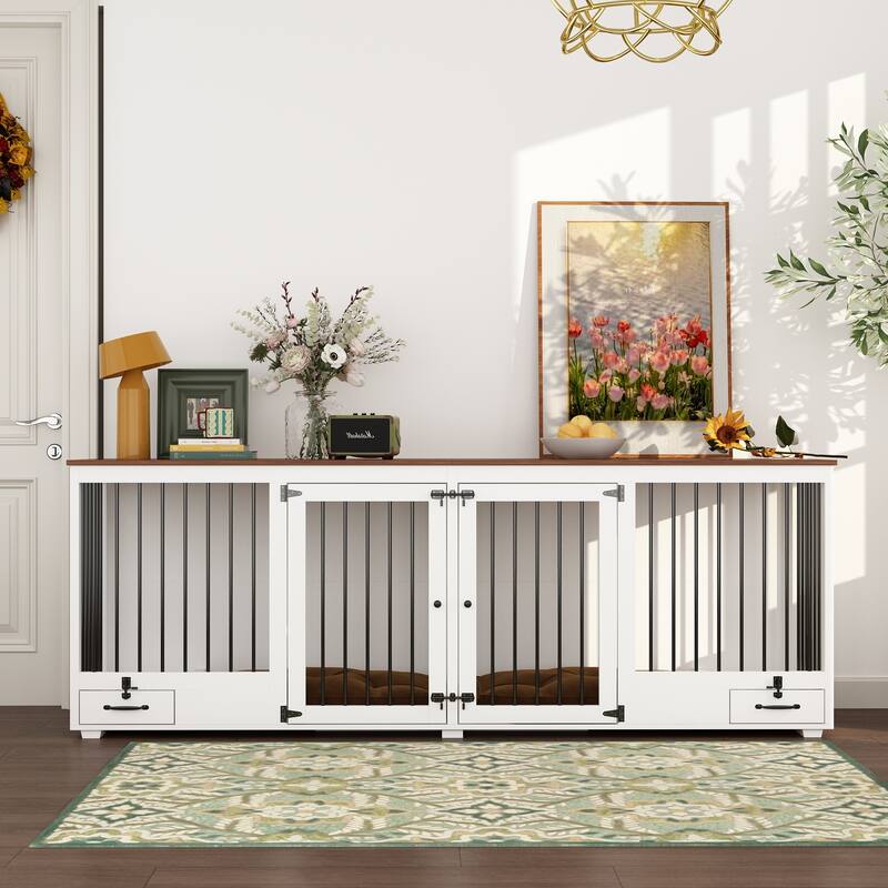 Wooden Dog Crate Furniture for 2 Large Dogs Indoor Pet Crate with Feeding Drawers Top Storage