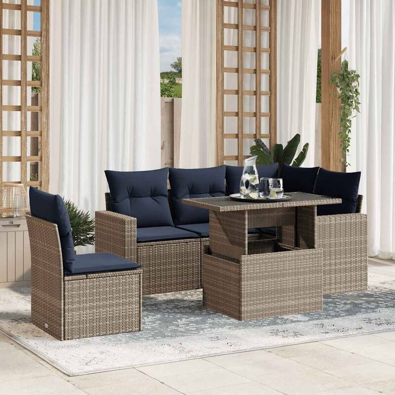 vidaXL Patio Sofa Set with Cushions and Table Outdoor 6 Piece Poly Rattan - 24.4 x 24.4 x 27.2 - Gray