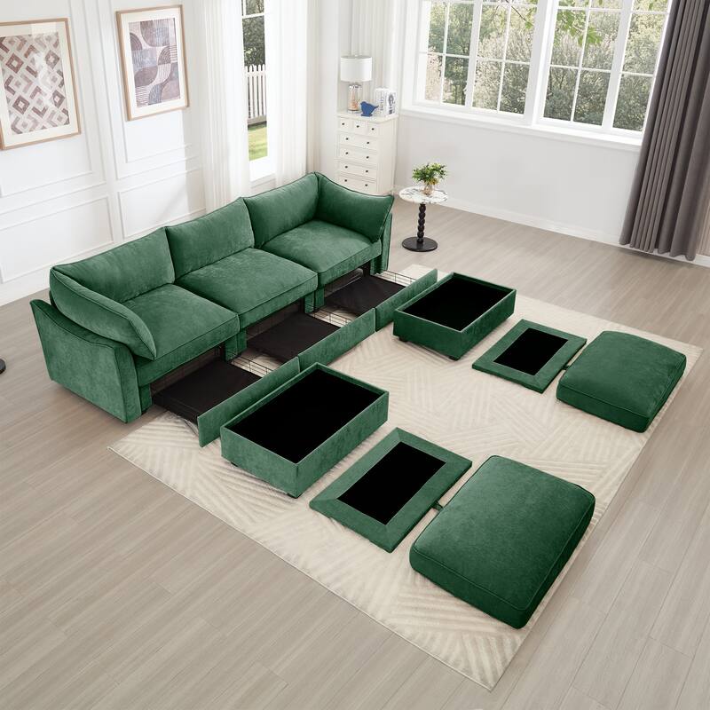 GDFStudio - Chenille U-Shaped 3-Seater 112.6" Modular Sofa with 2 Ottomans