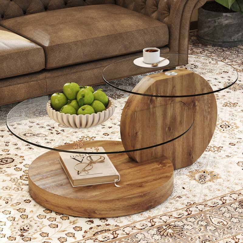 Modern and practical double-layer round table. Glass table top, wood MDF table legs. Suitable for living room and bedroom.