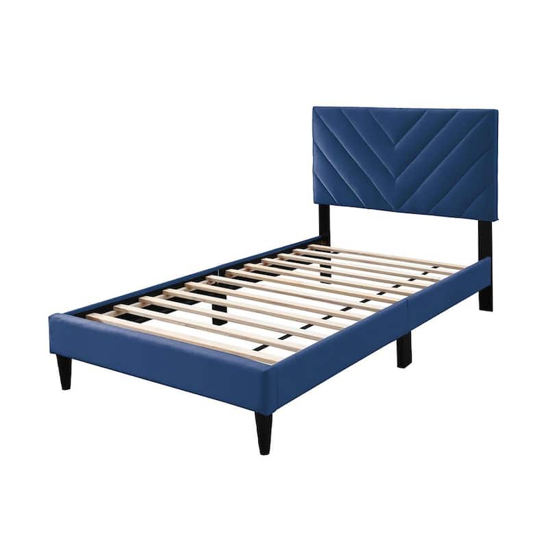 Lilian Twin Bed, Tufted Navy Blue Velvet Upholstery, Chevron Stitch
